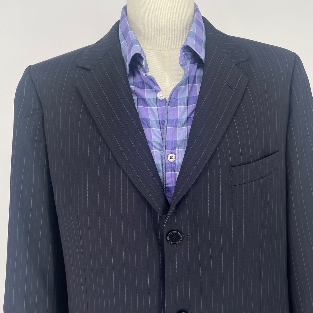 VTG Hugo Boss USA Men 44R Black Pinstripe Virgin Wool Blazer‎ Suit Jacket